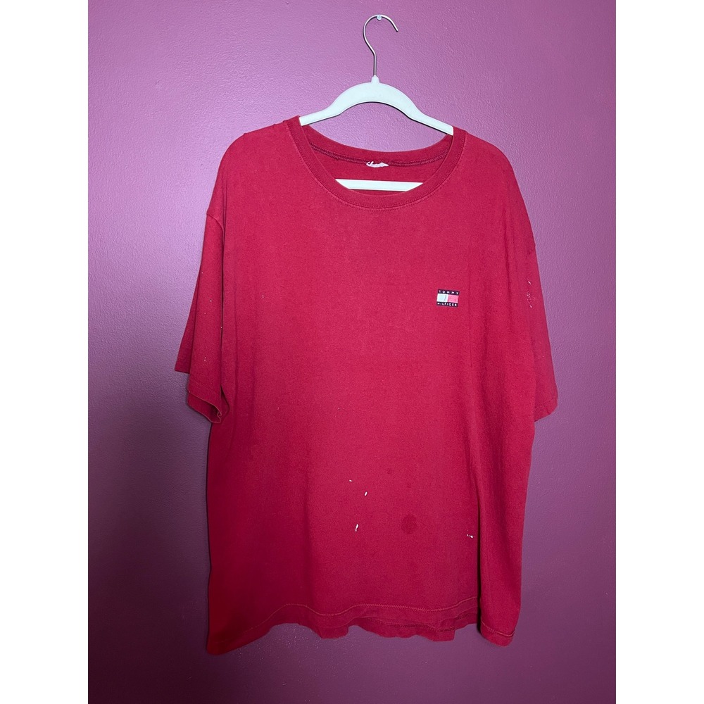 Tommy Hilfiger Mens Red Short Sleeve Flag Logo T-Shirt Distressed Skater Tee